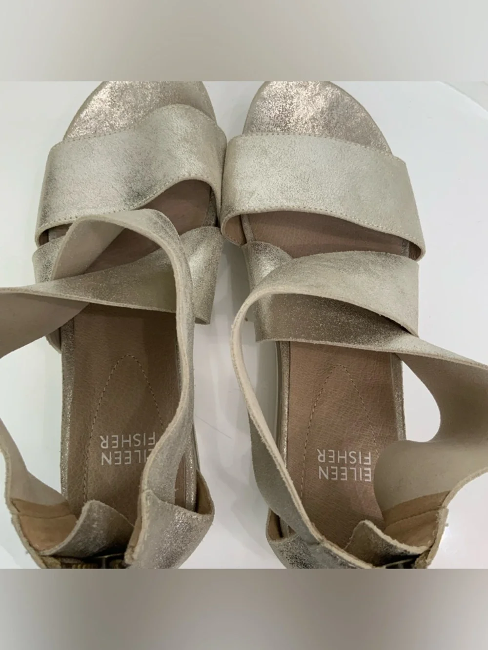 Eileen Fisher Sz 7 Sport Platform Sandals Suede Criss Cross Platinum Silver